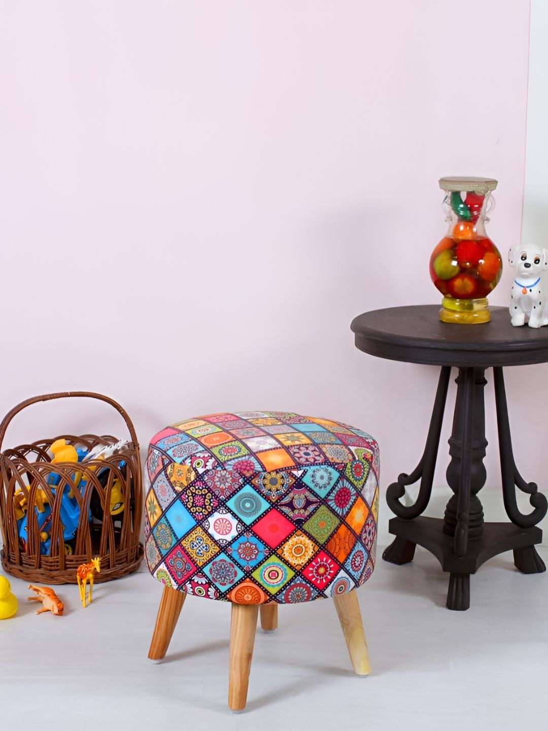 Shadowkart Blue & Pink Printed Wooden Round Shaped Ottomans-picture-49