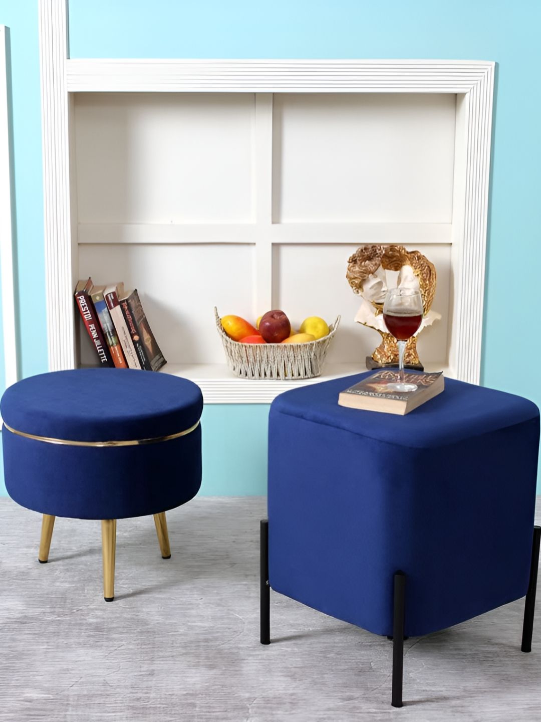 Shadowkart Blue Velvet Square Ottomans-picture-26