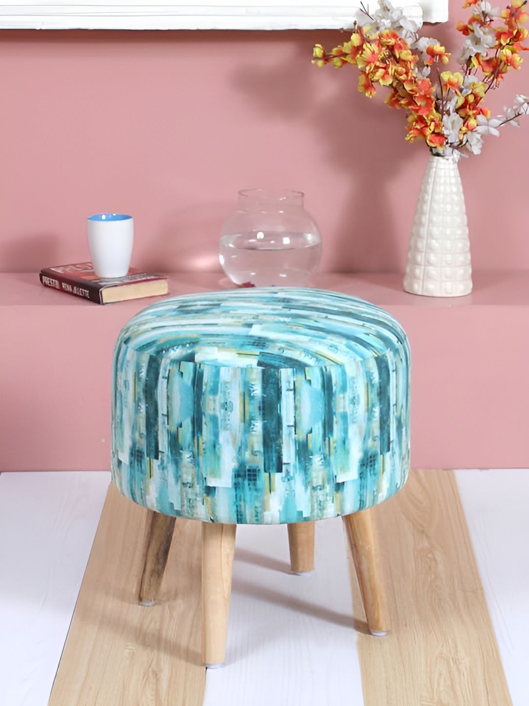 Shadowkart Turquoise Blue Wooden Mudda Pouffe Ottoman-picture-53