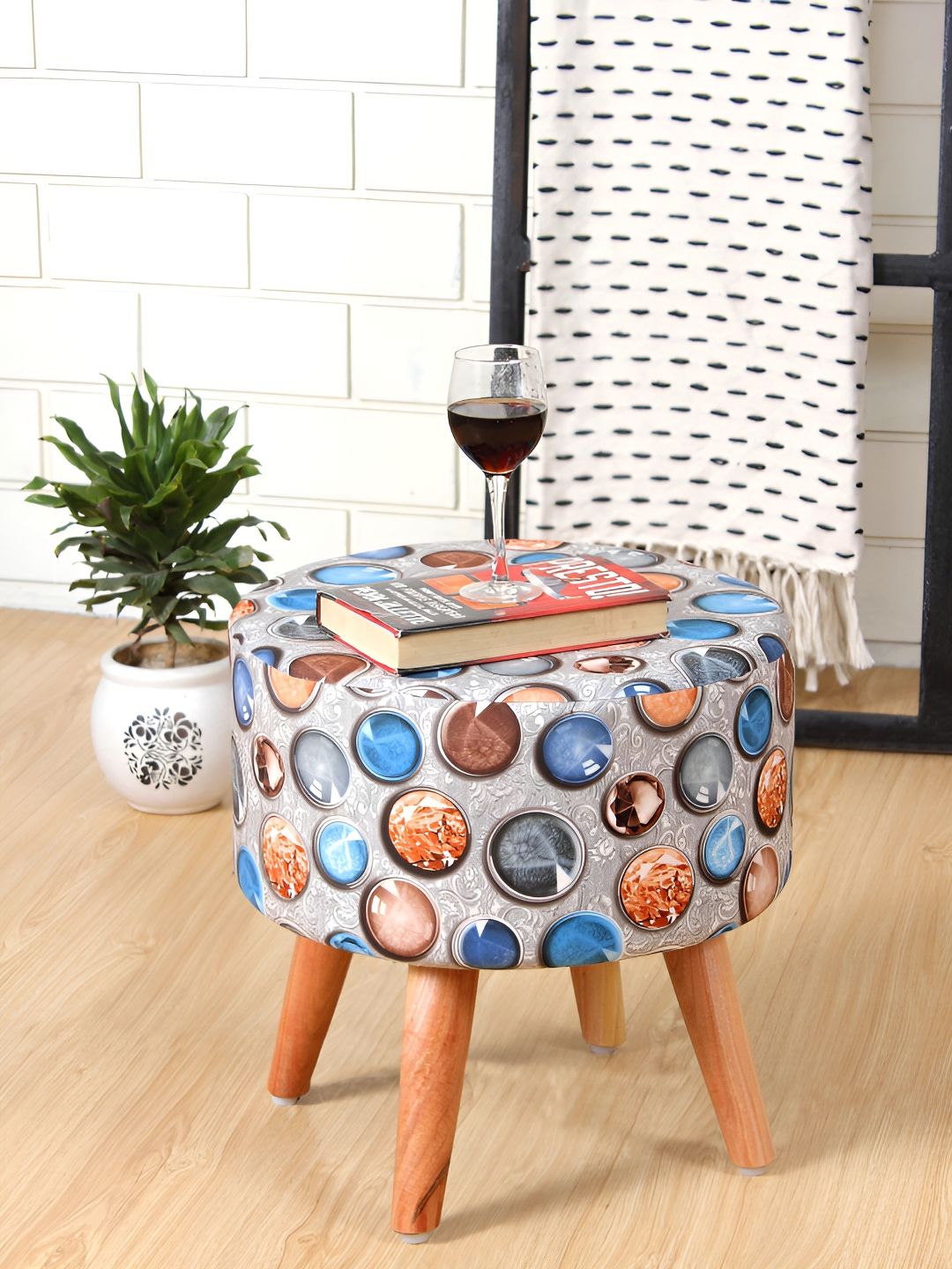 Shadowkart Grey & Blue Wooden Mudda Pouffe Ottoman-picture-12