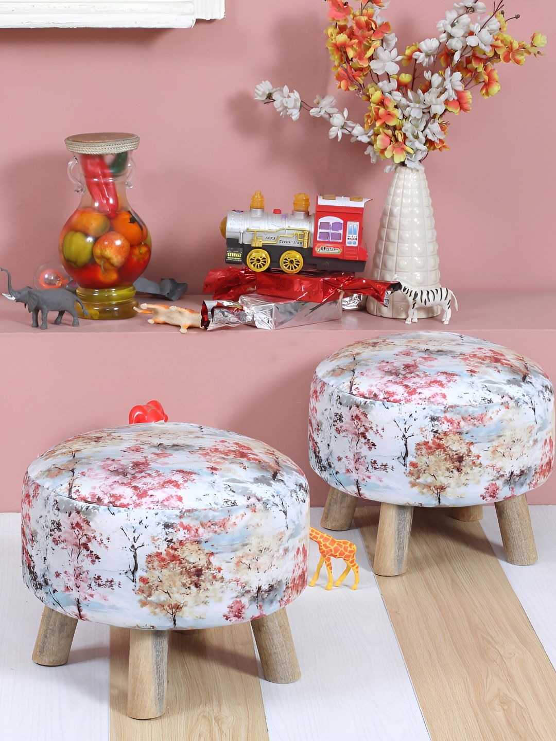 Shadowkart 2Pc White Wooden Mudda Pouffe Ottoman-picture-20