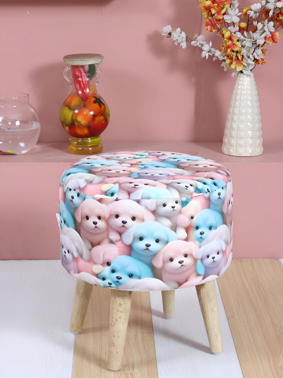 Shadowkart Pink & Blue Velvet Round Ottomans-picture-16