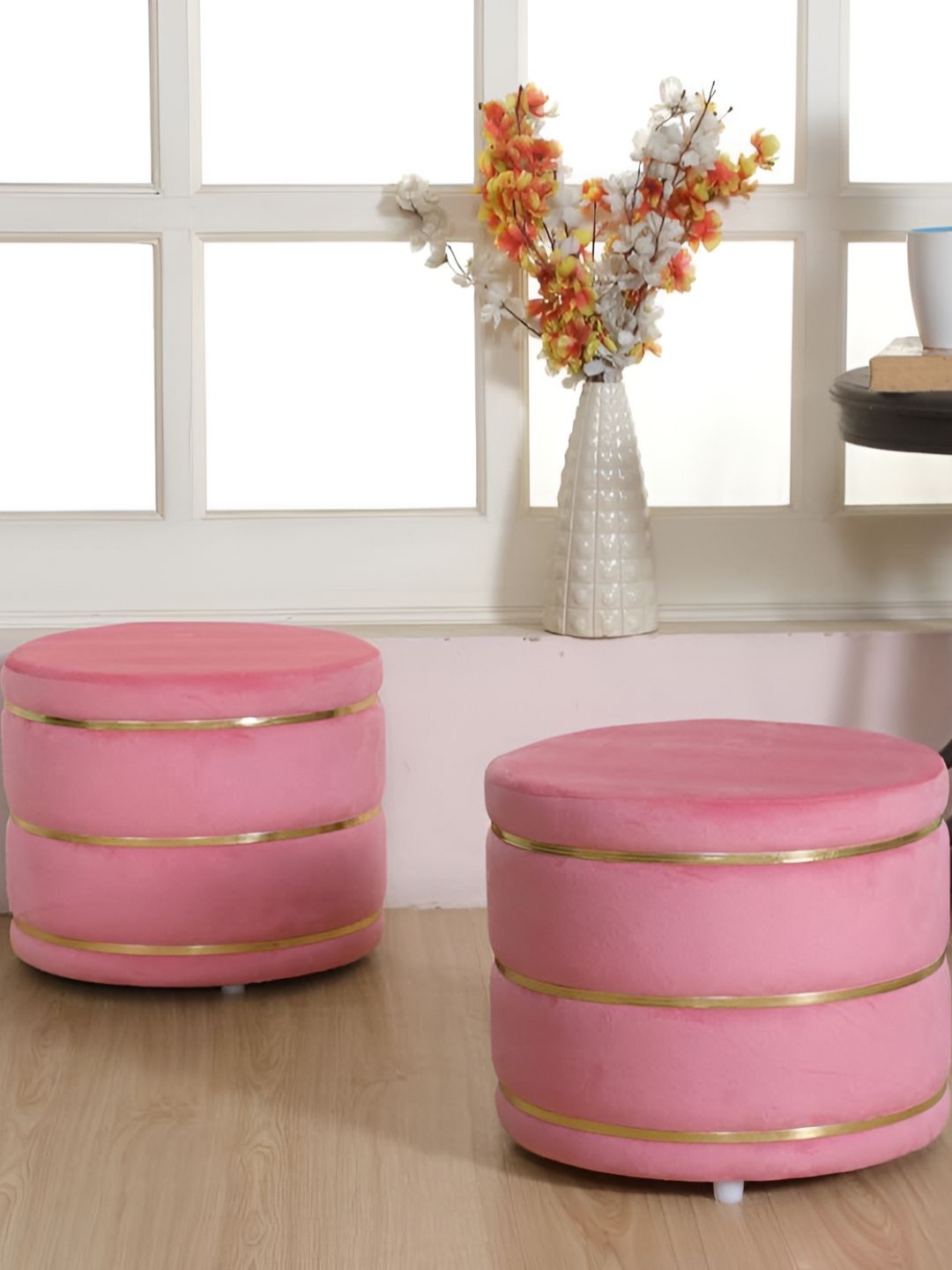 Shadowkart Set Of 2 Pink Wooden Round Shaped Ottomans-image-21