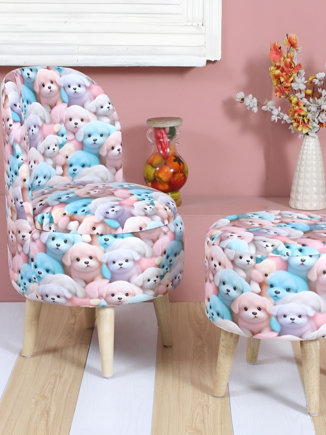 Shadowkart Set of 2 Blue & Pink Graphic Printed Wooden Pouffes Sitting Ottomans-picture-29