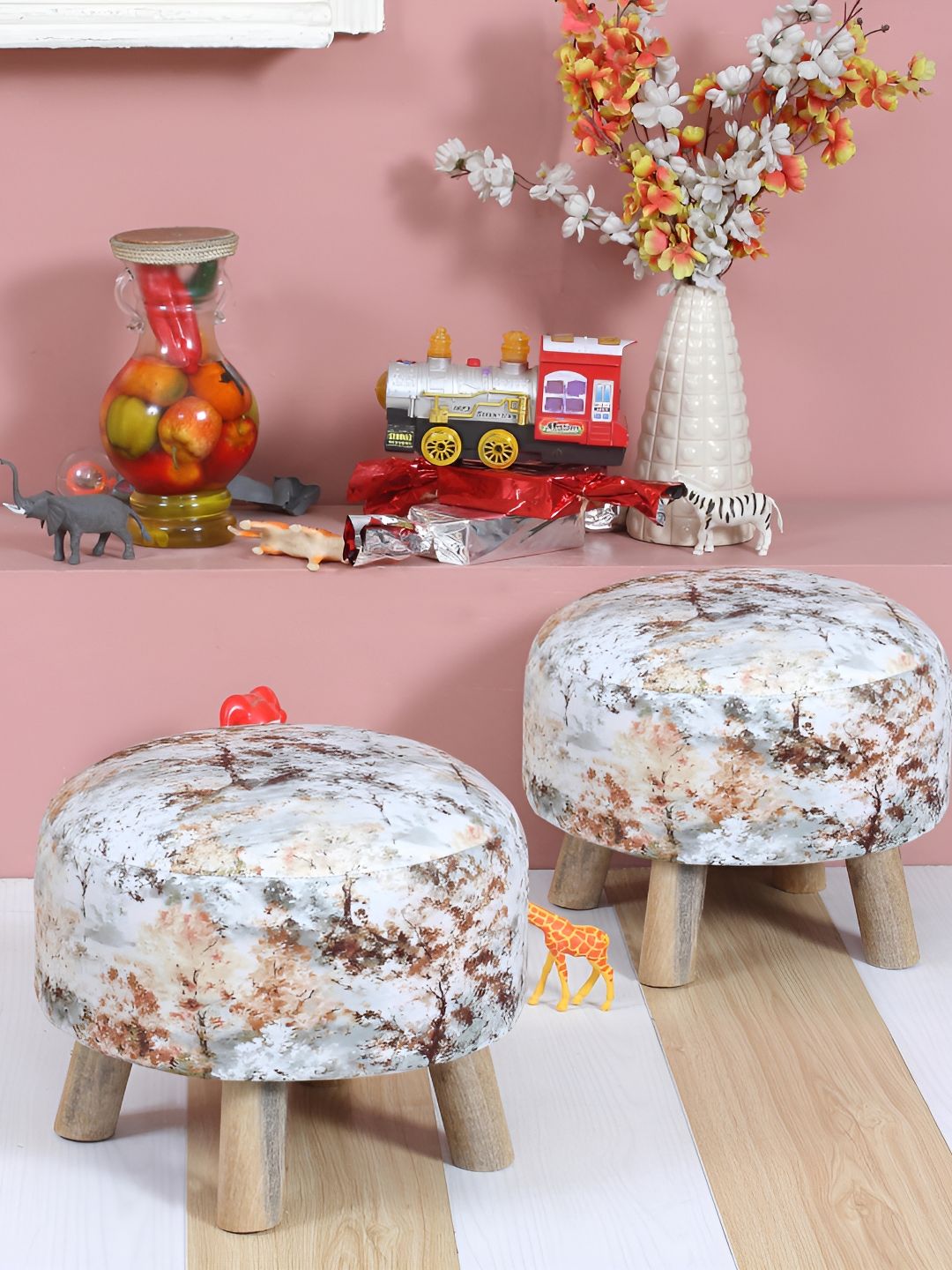 Shadowkart 2 Pcs White & Brown Printed Wooden Pouffe Ottoman-picture-14