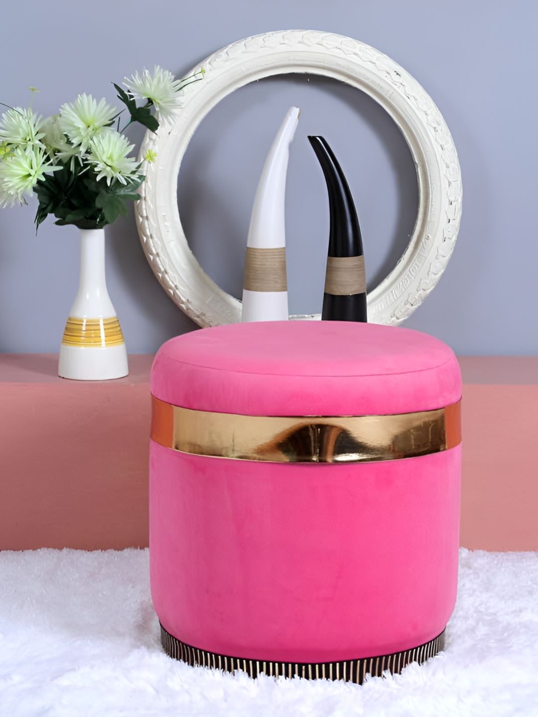 Shadowkart Pink & Brown Wooden Velvet Ottomans-picture-51