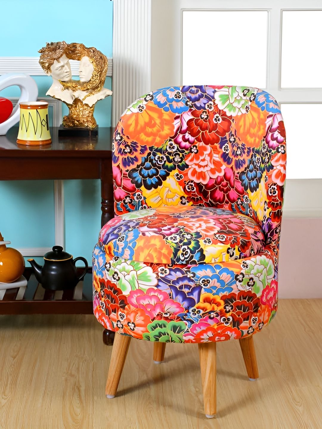 Shadowkart Yellow & Pink Printed Wooden Pouffe Ottoman-image-42