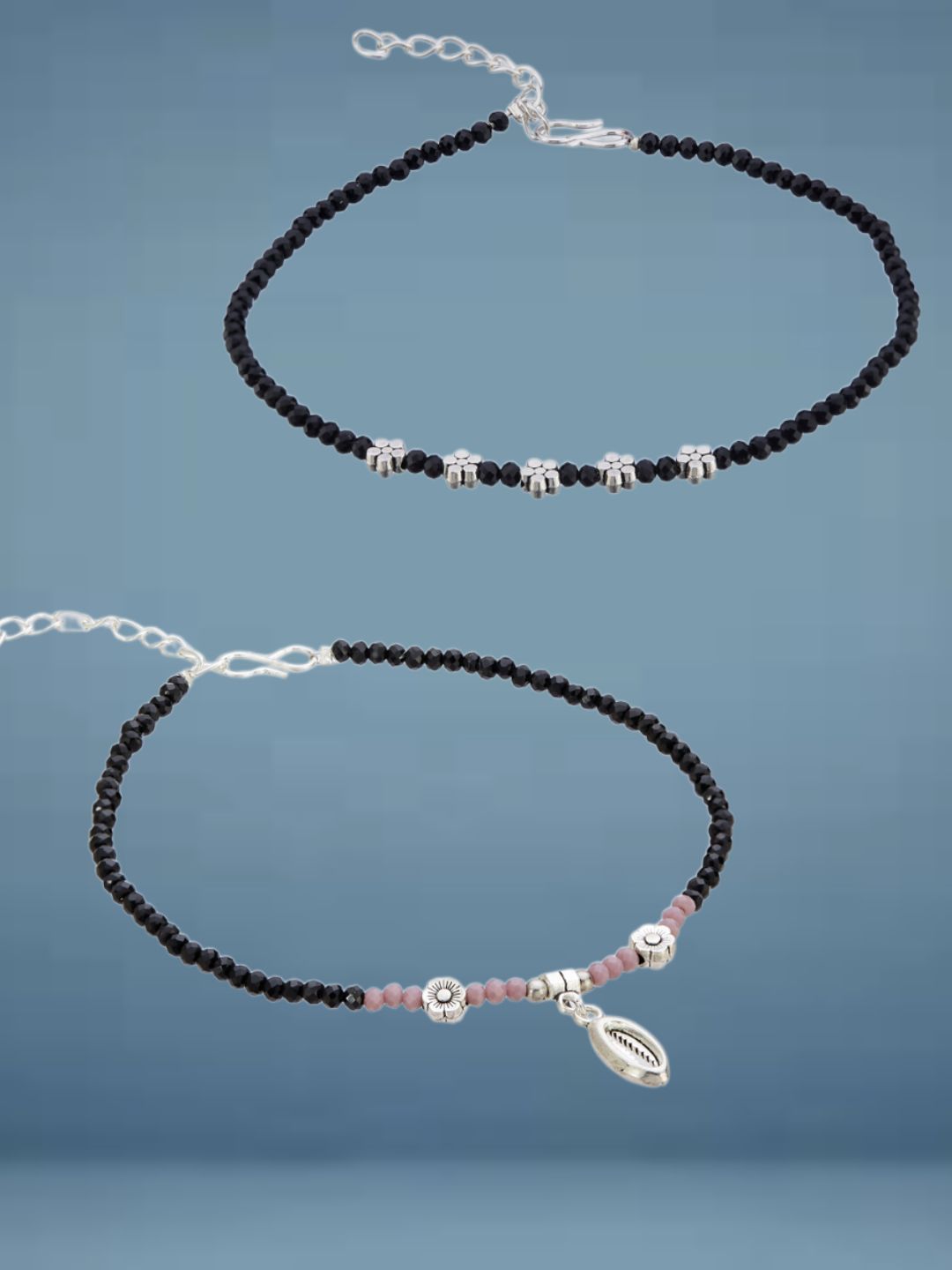 ATIBELLE Set Of 2 Silver-Plated Artificial Stones Studded And Beaded Anklet