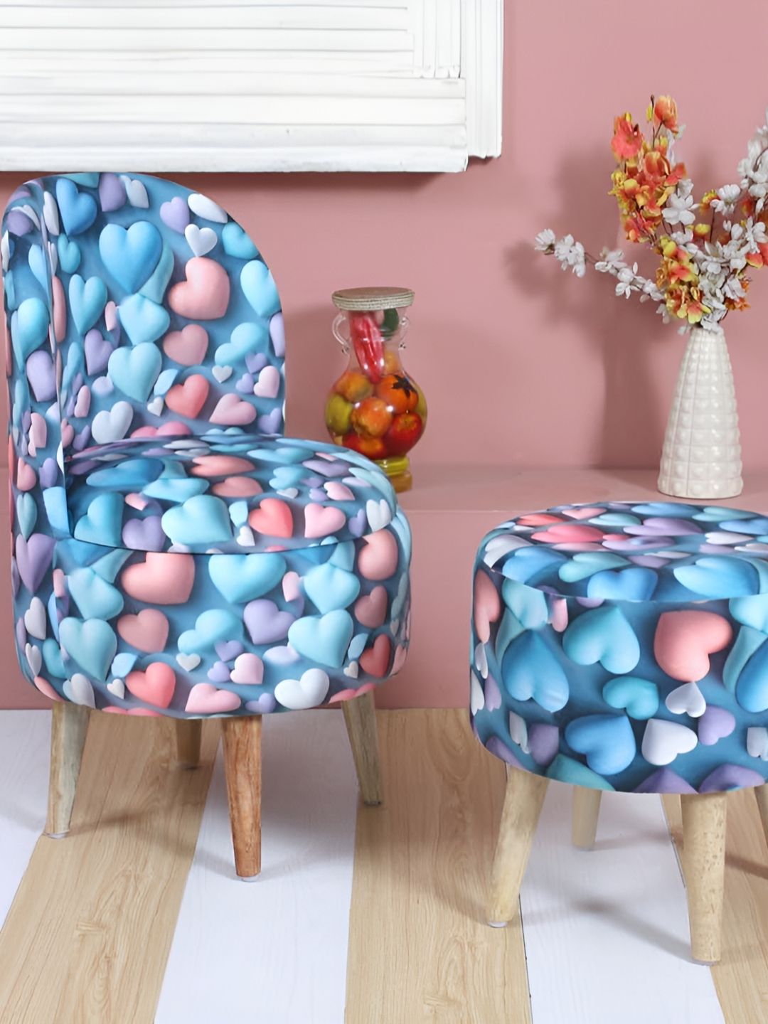 Shadowkart Set Of 2 Blue & Pink Printed Wooden Pouffes Sitting Ottomans-picture-26