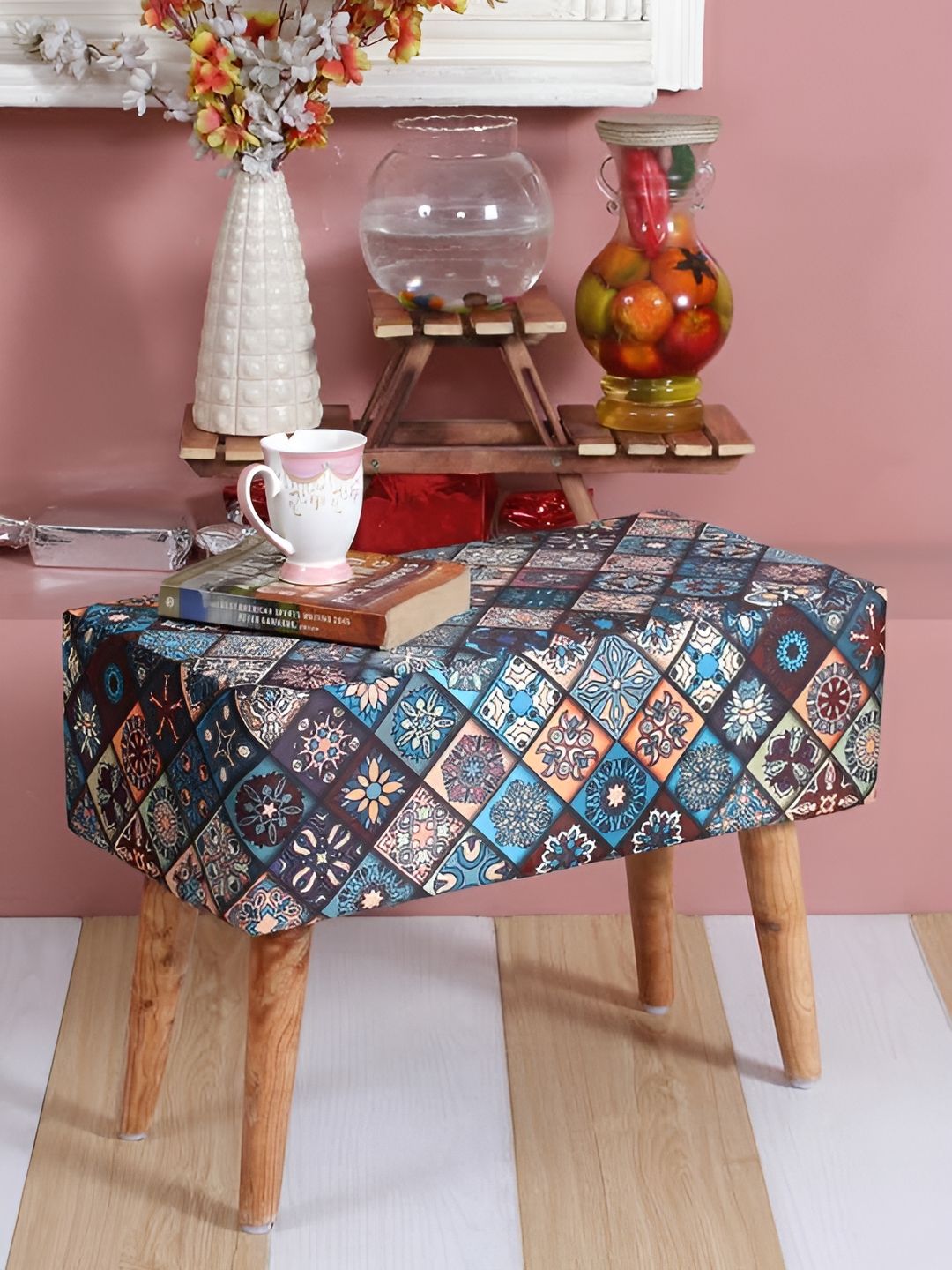 Shadowkart Blue & Brown Printed Wooden Rectangle Shaped Ottomans-picture-27