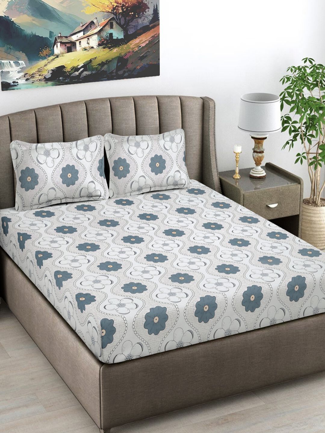 Myntra Elegant Homes White & Grey Floral Printed 300 TC King Bedsheet Set 2.50 m X 2.25 m-picture-24
