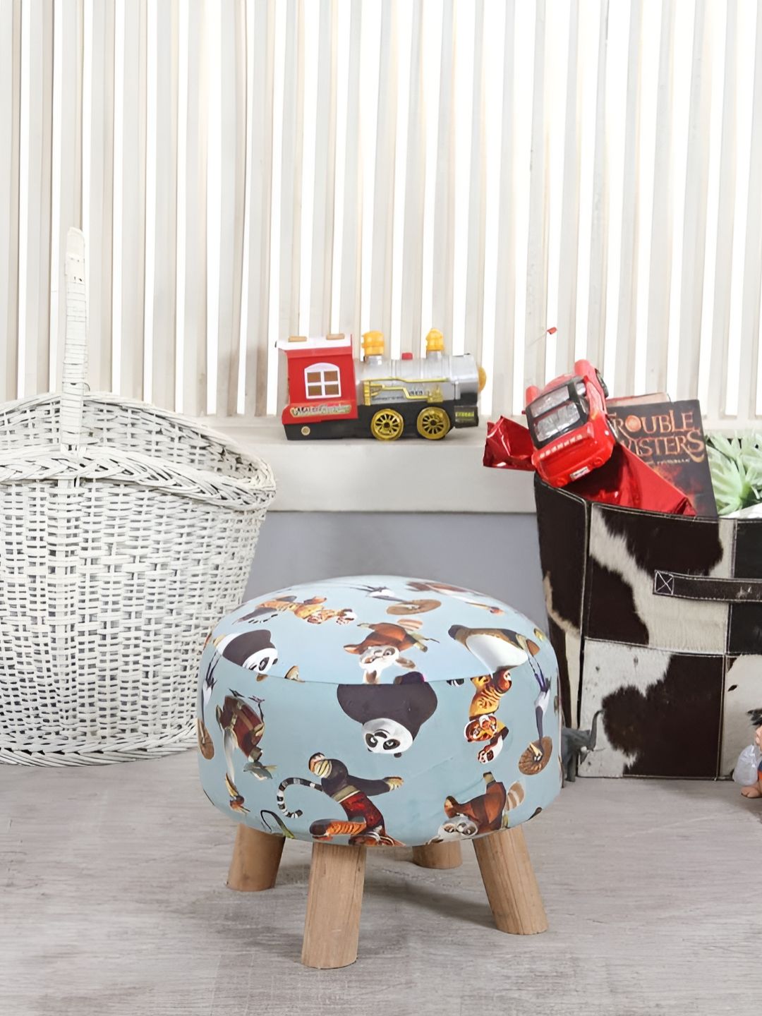 Shadowkart Blue & Brown Printed Wooden Round Shaped Ottomans-image-32