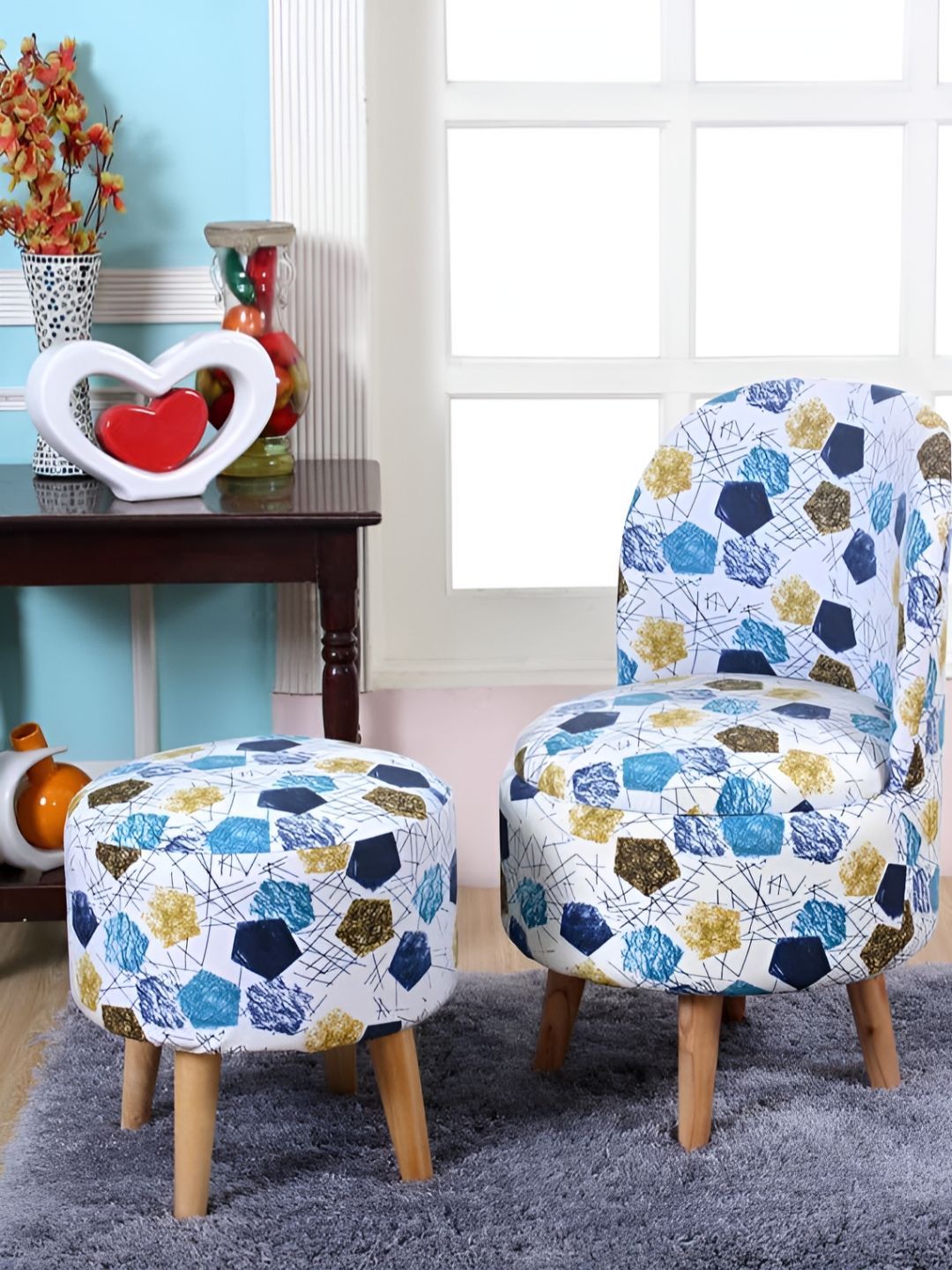Shadowkart Set Of 2 White & Blue Crystal Printed Wooden Pouffes Ottomans-picture-36