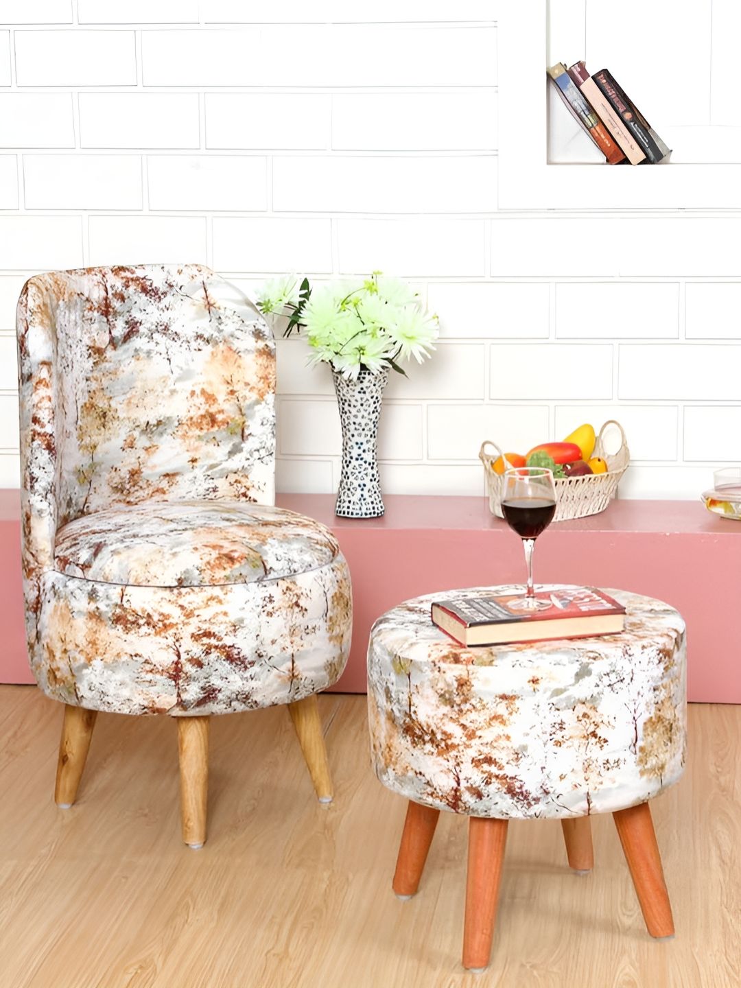 Shadowkart 2Pc White & Brown Wooden Mudda Pouffe Ottoman-image-10