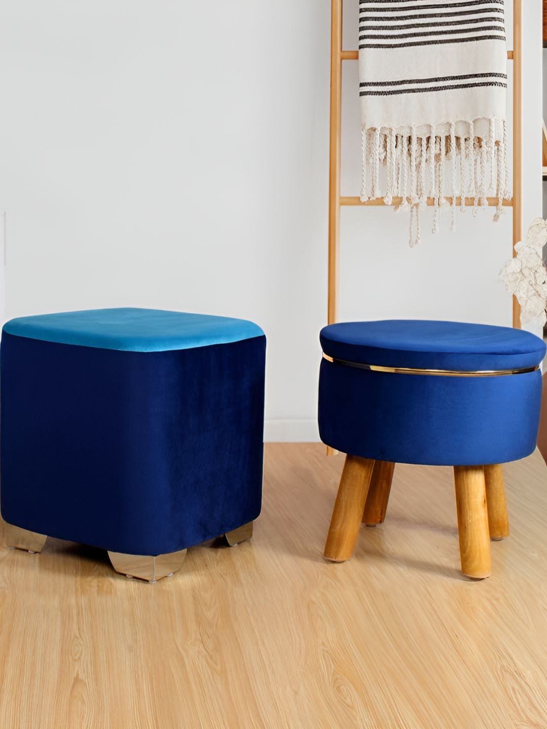Shadowkart Set Of 2 Blue Wooden Pouffes Sitting Ottomans-image-10