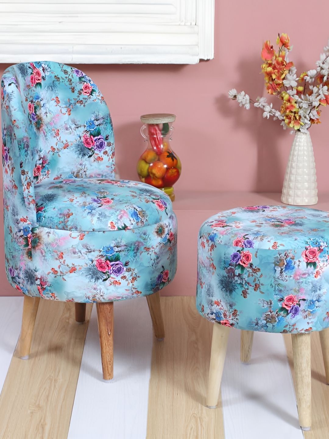 Shadowkart Set Of 2 Blue & Pink Printed Wooden Ottomans-picture-56