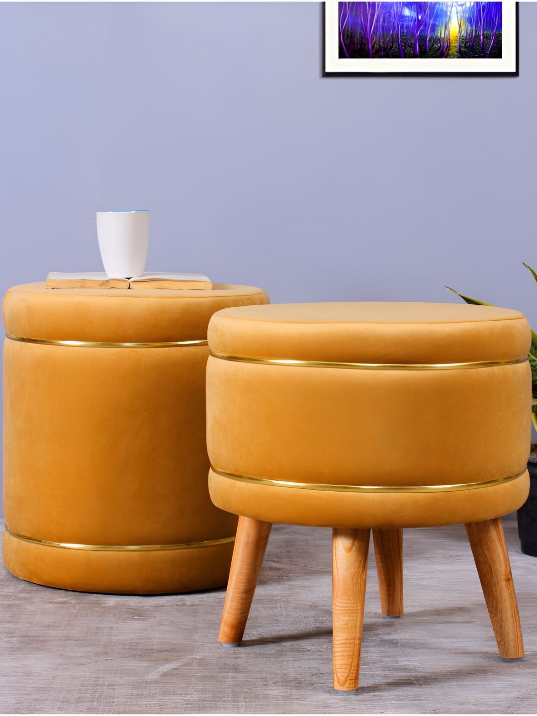 Shadowkart 2-Pcs Beige Wooden Ottoman PouffesStool-picture-28