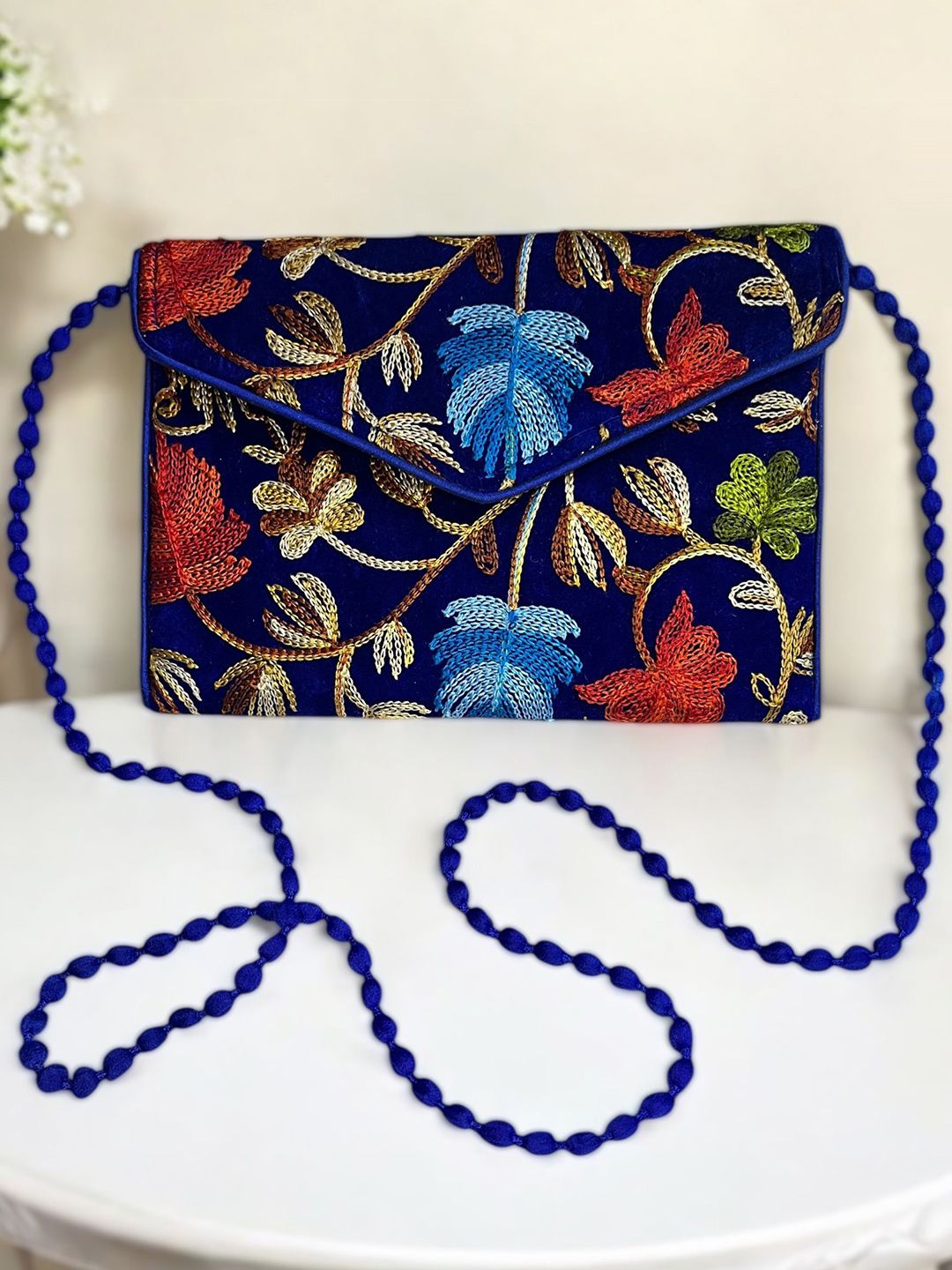 Sutliyan Kashmiri Floral Embroidered Embellished Envelope Clutch With Shoulder Straps-picture-19