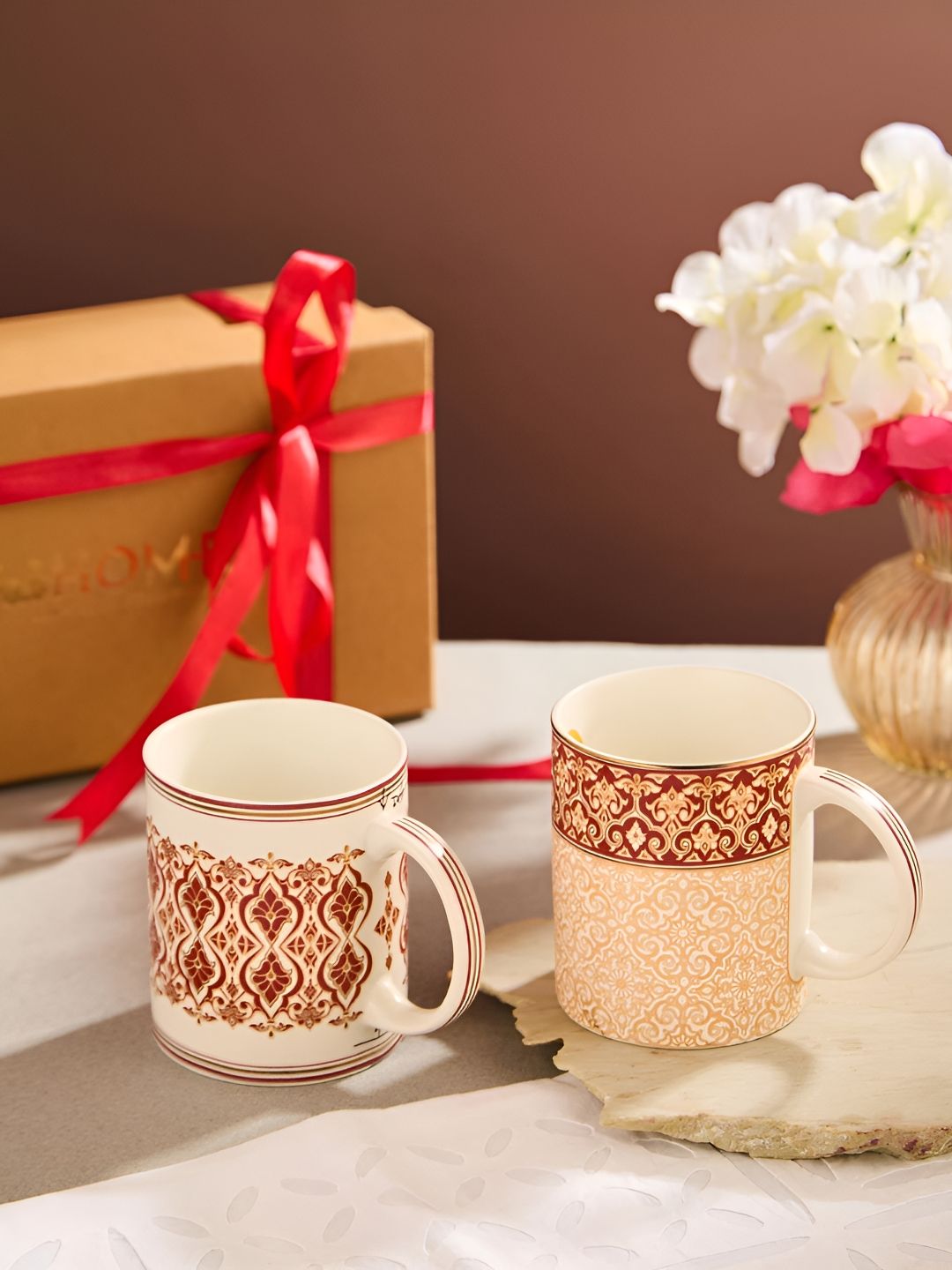 Fabindia White & Brown Printed Ceramic Glossy Mugs Set of Cups and Mugs-picture-37