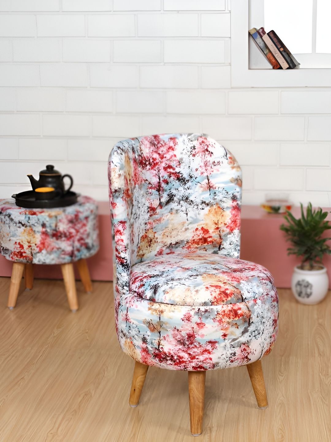 Shadowkart White & Red Printed Wooden Mudda Pouffe Ottoman-picture-21