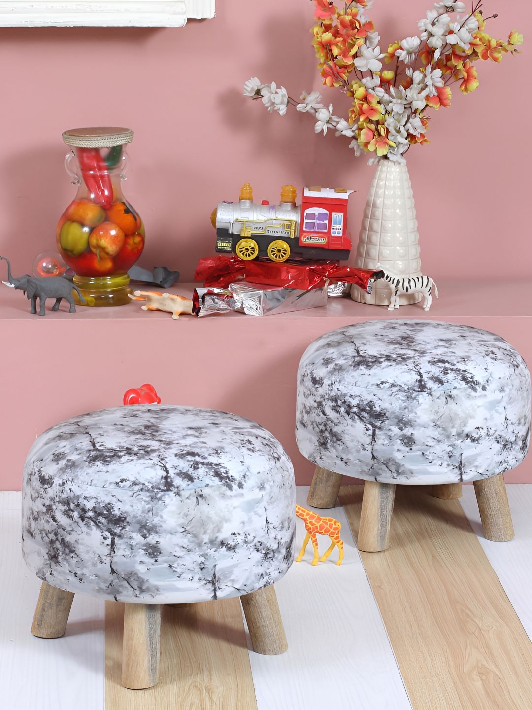 Shadowkart Set Of 2 Grey & Brown Printed Wooden Pouffe Ottomans-picture-12