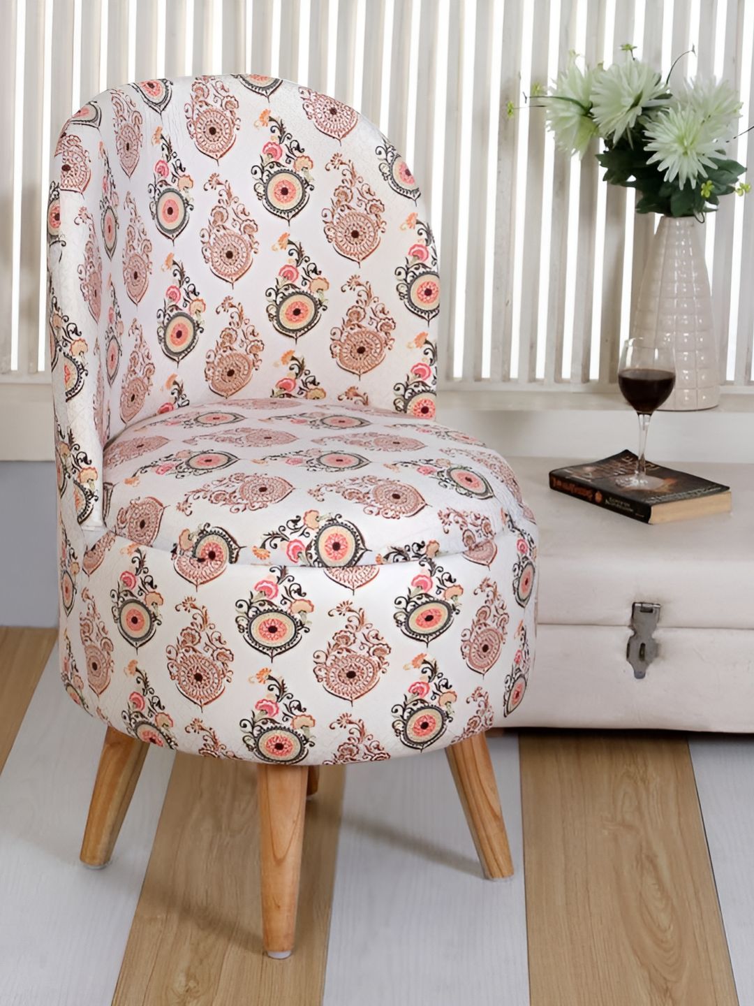 Shadowkart White And Peach Wooden Mudda Pouffe Ottoman-picture-22