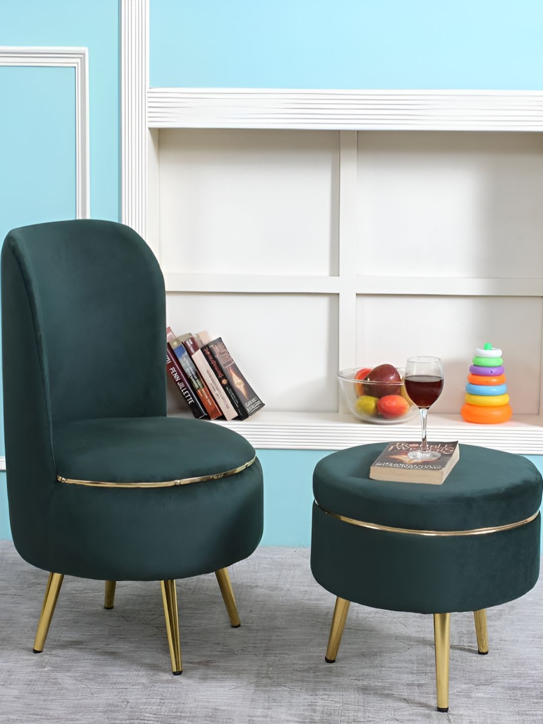 Shadowkart Green 2 Pieces Printed Wooden & Velvet Mudda Pouffe Ottoman-image-21
