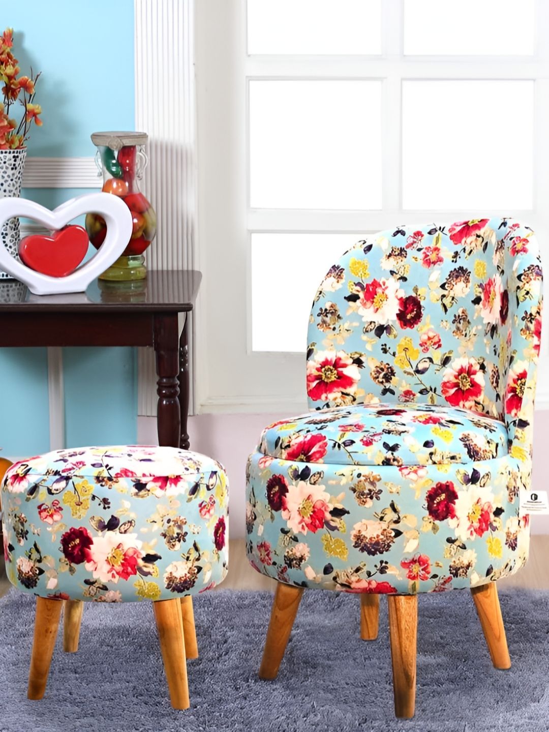 Shadowkart Set Of 2 Blue & Green Floral Printed Wooden Pouffes Sitting Ottomans-picture-30