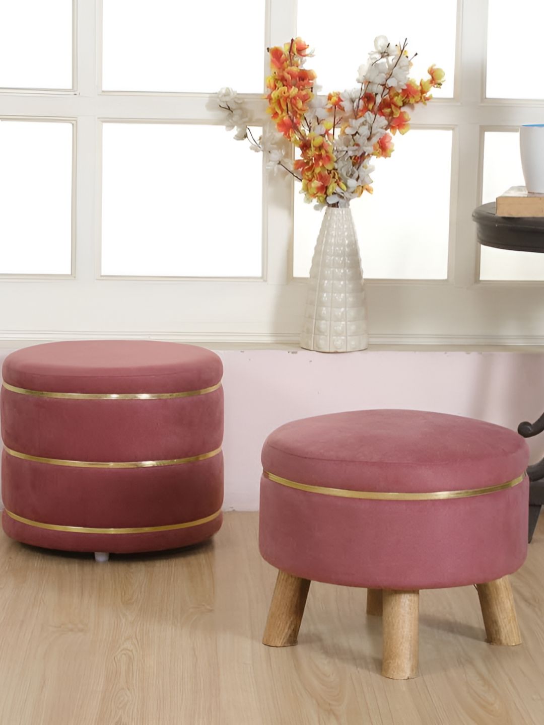Shadowkart Maroon 2 Pieces Wooden Round Mudda Pouffe Ottoman-image-13