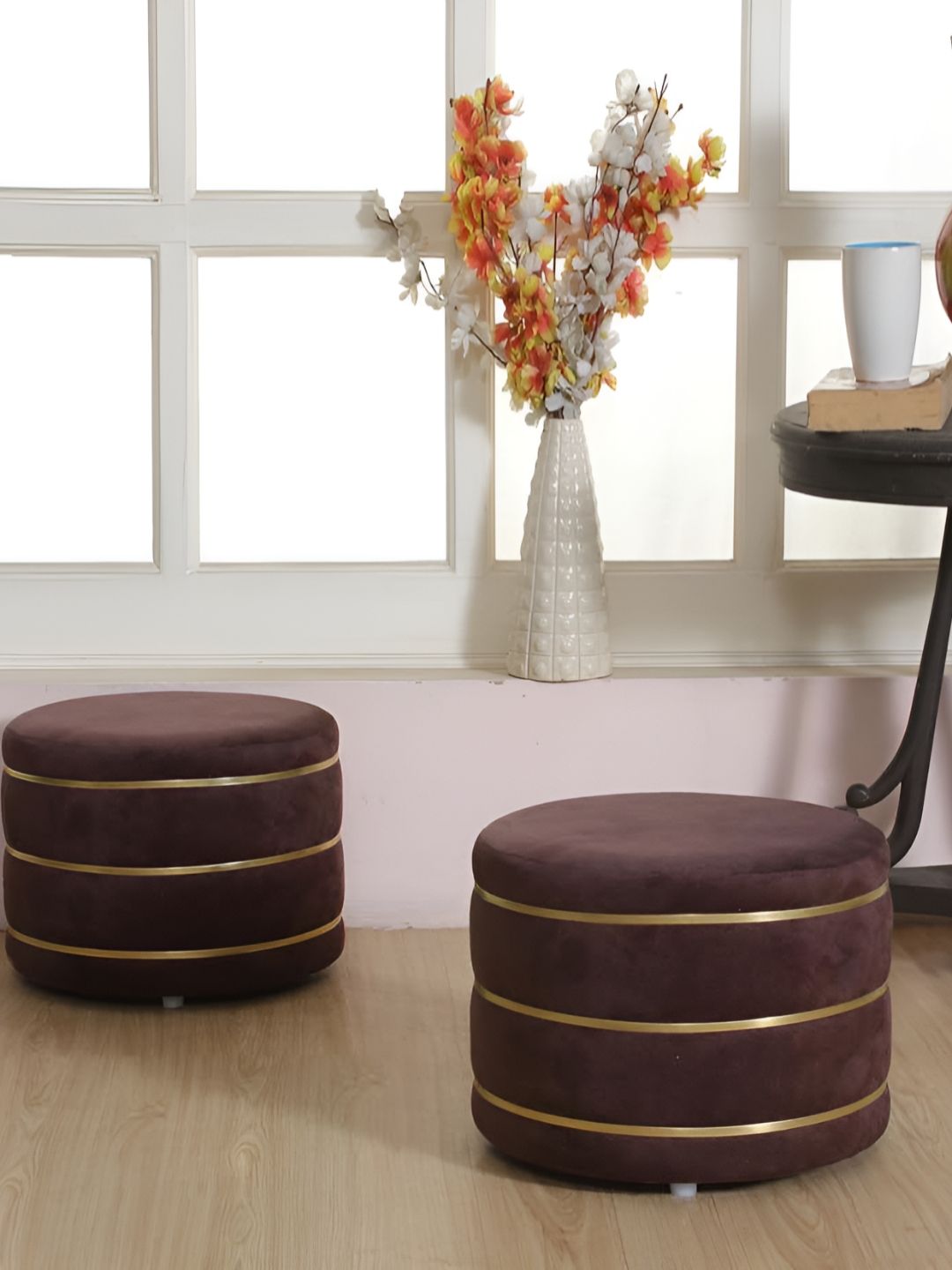 Shadowkart Set Of 2 Coffee Brown & Yellow Wooden Pouffes Sitting Ottomans-image-17