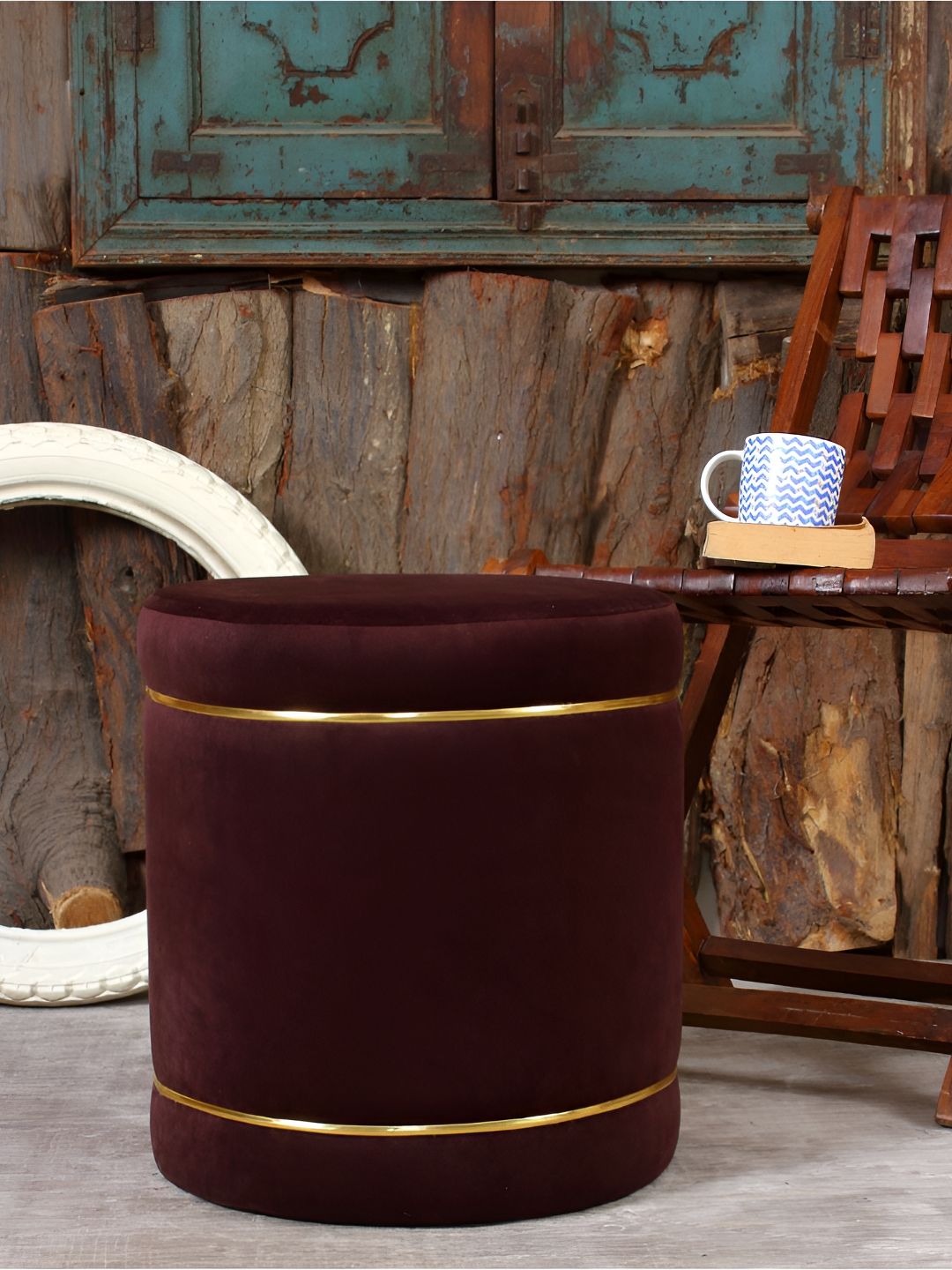 Shadowkart Coffee Brown Wooden Round Shaped Ottomans-picture-33