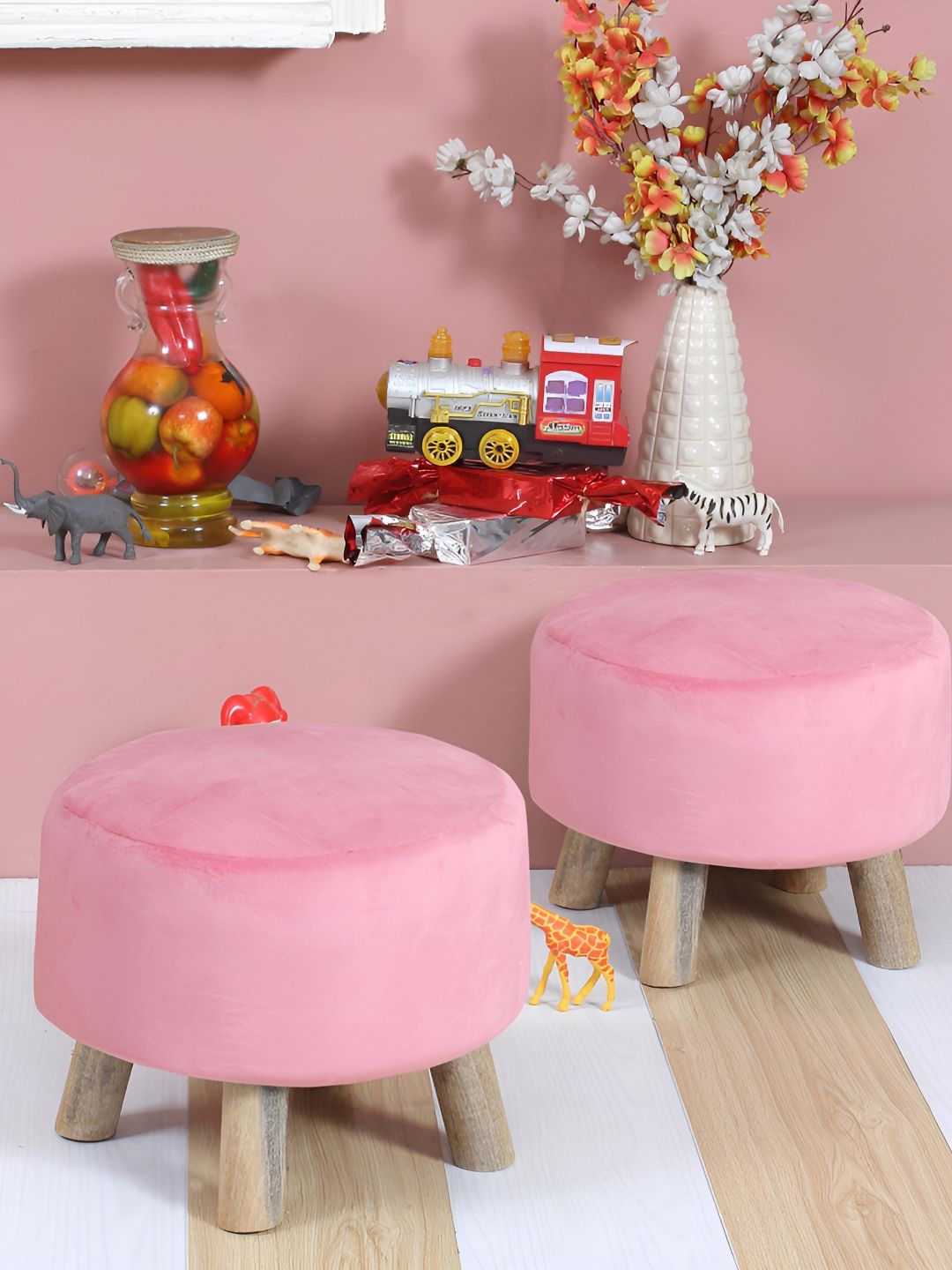 Shadowkart Set Of 2 Pink Wooden Round Shaped Ottomans-picture-22