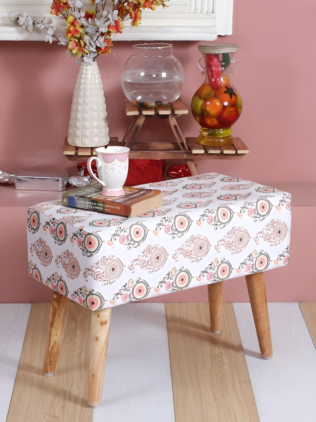 Shadowkart White & Brown Printed Wooden Pouffe Ottoman-image-18