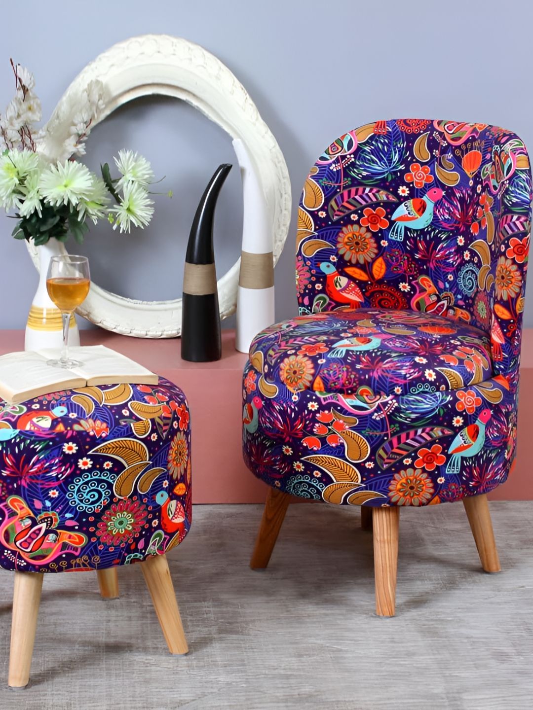 Shadowkart Set Of 2 Printed Wooden Pouffes Sitting Ottomans-picture-32