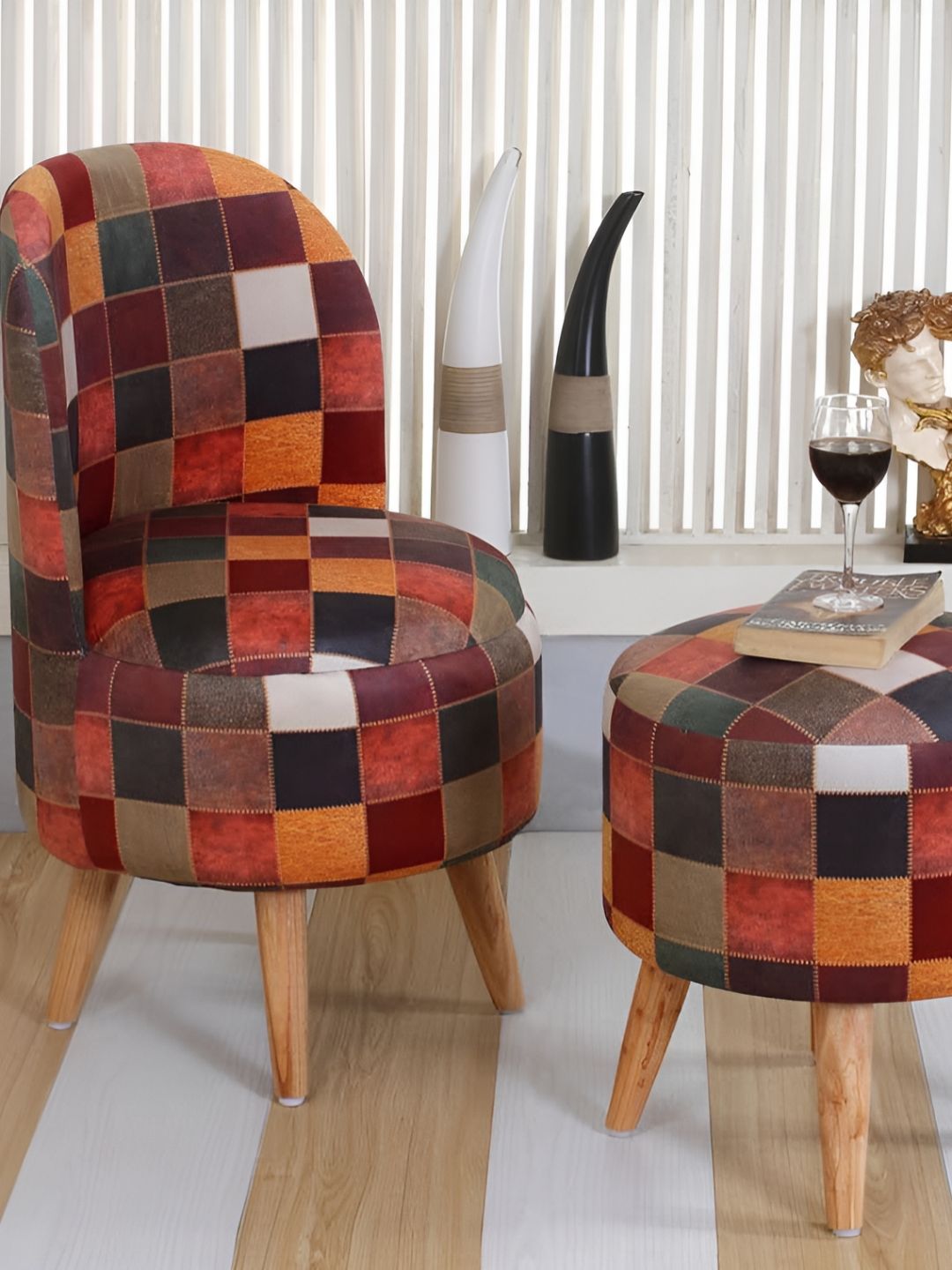 Shadowkart 2 Pcs Black & Brown Checked Wooden Pouffe Ottoman-picture-18