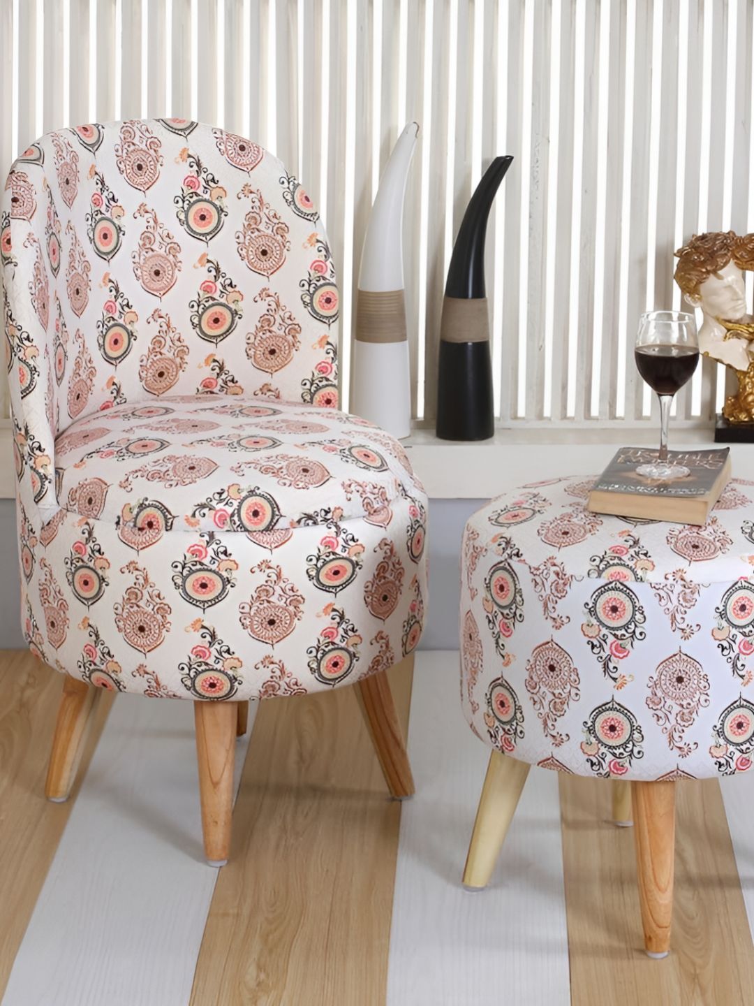 Shadowkart Set Of 2 White & Red Printed Wooden Pouffes Sitting Ottomans-picture-12