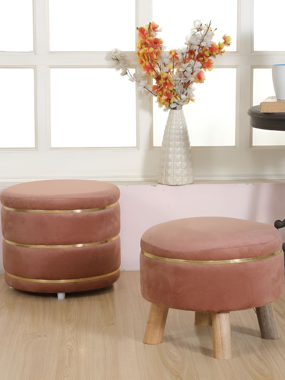 Shadowkart Set Of 2 Brown Wooden Round Shaped Ottomans-picture-21