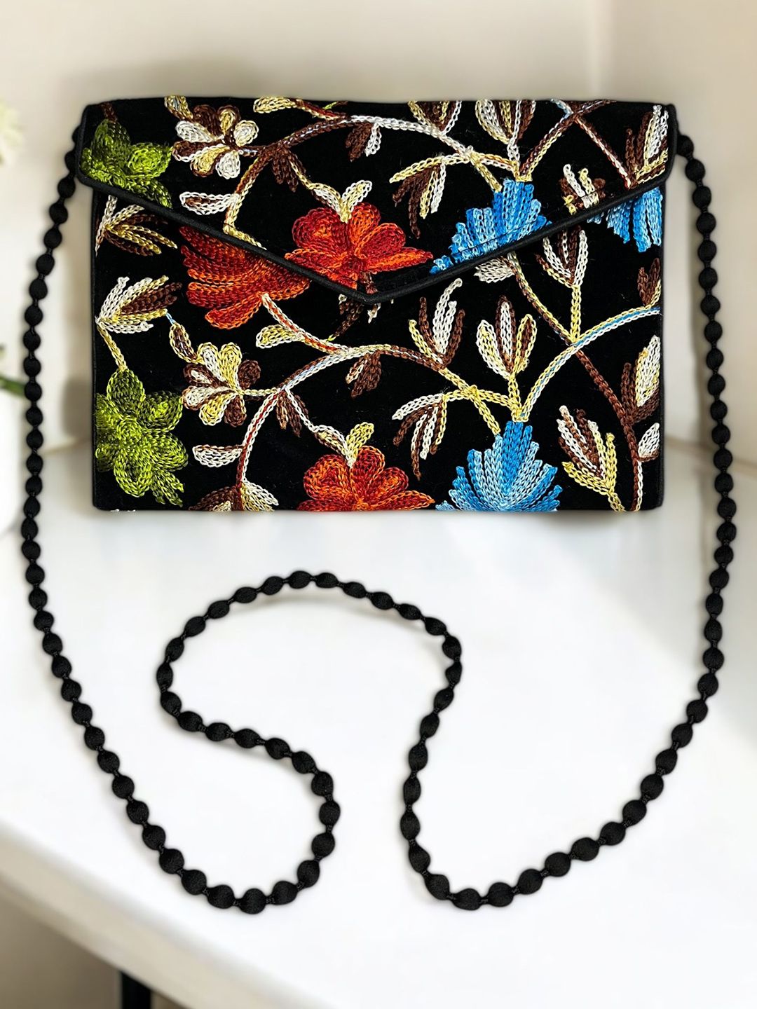 Sutliyan Kashmiri Floral Embroidered Embellished Envelope Clutch With Shoulder Straps-image-17