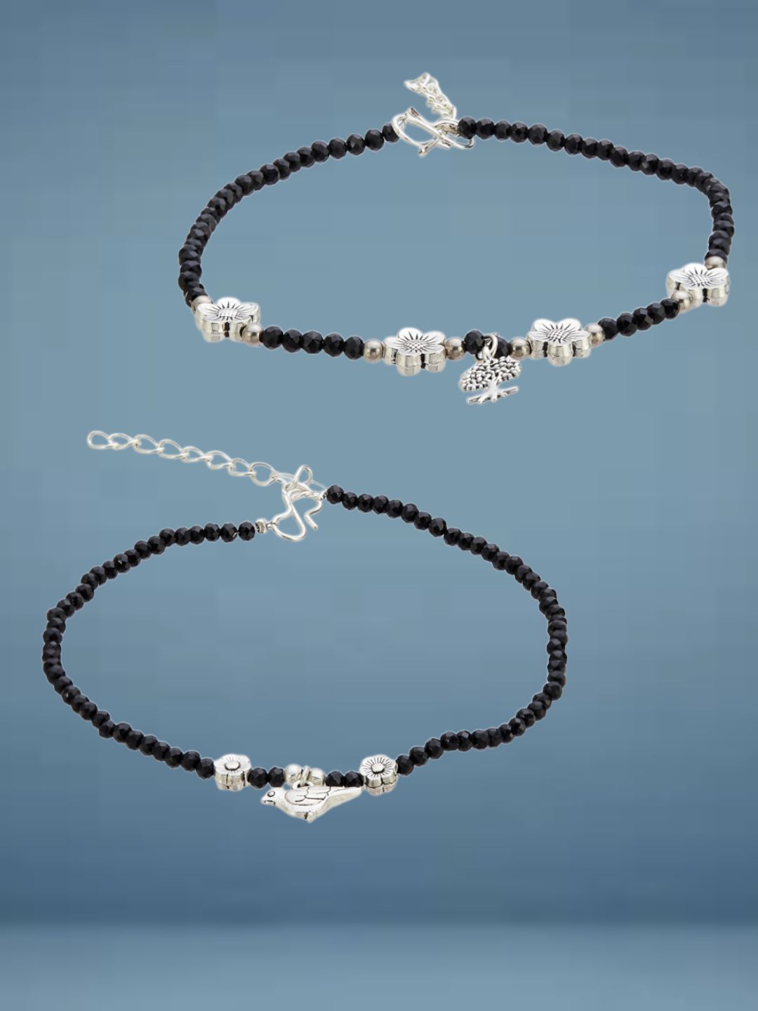 ATIBELLE Set Of 2 Silver-Plated Artificial Stones Studded And Beaded Anklet
