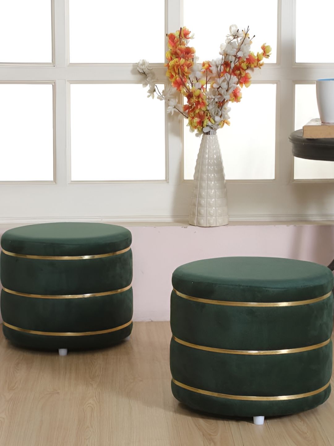 Shadowkart Set Of 2 Green Wooden Round Shaped Ottomans-image-18