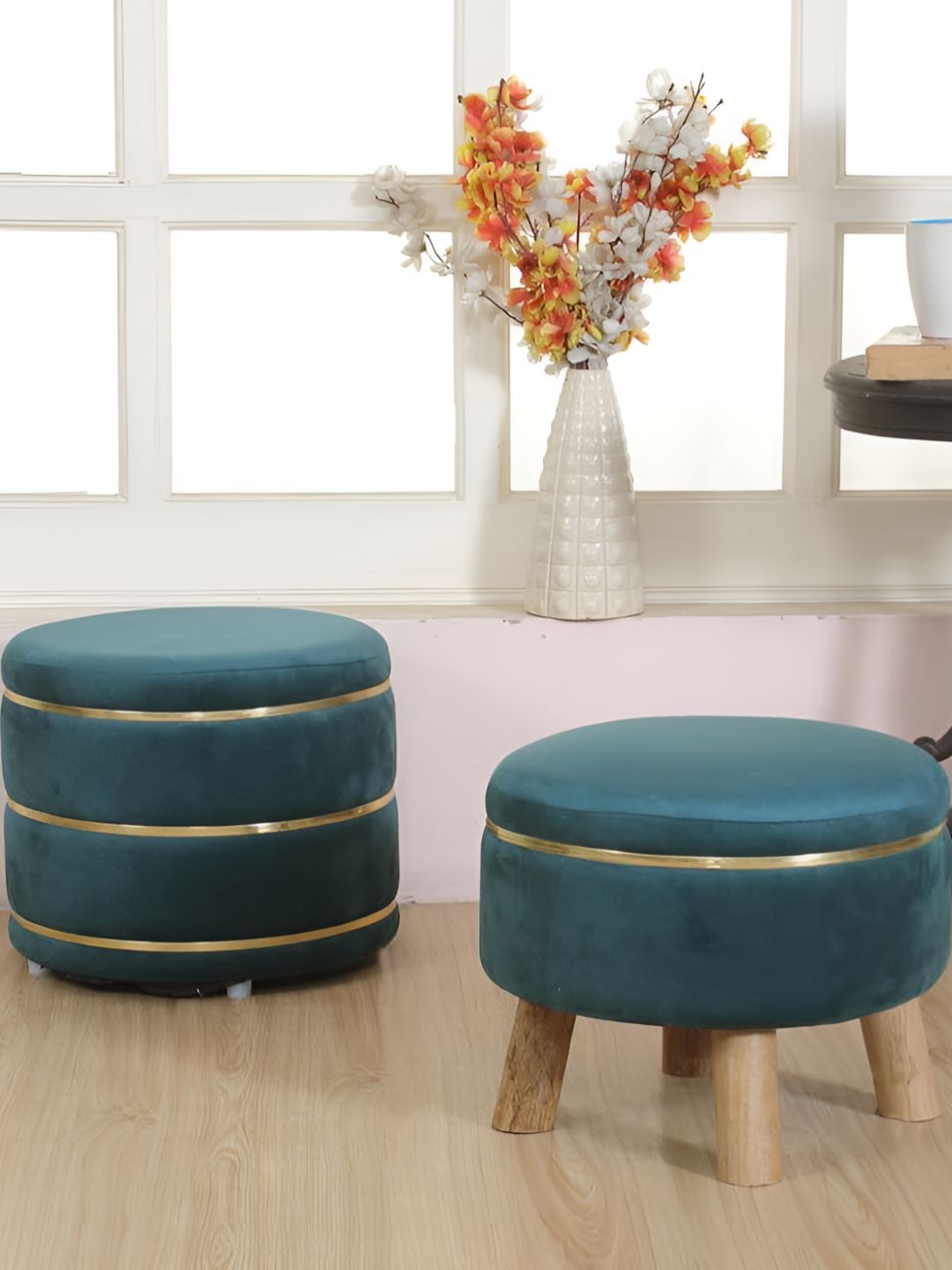 Shadowkart 2 Pcs Green Wooden Pouffe Ottoman-image-25