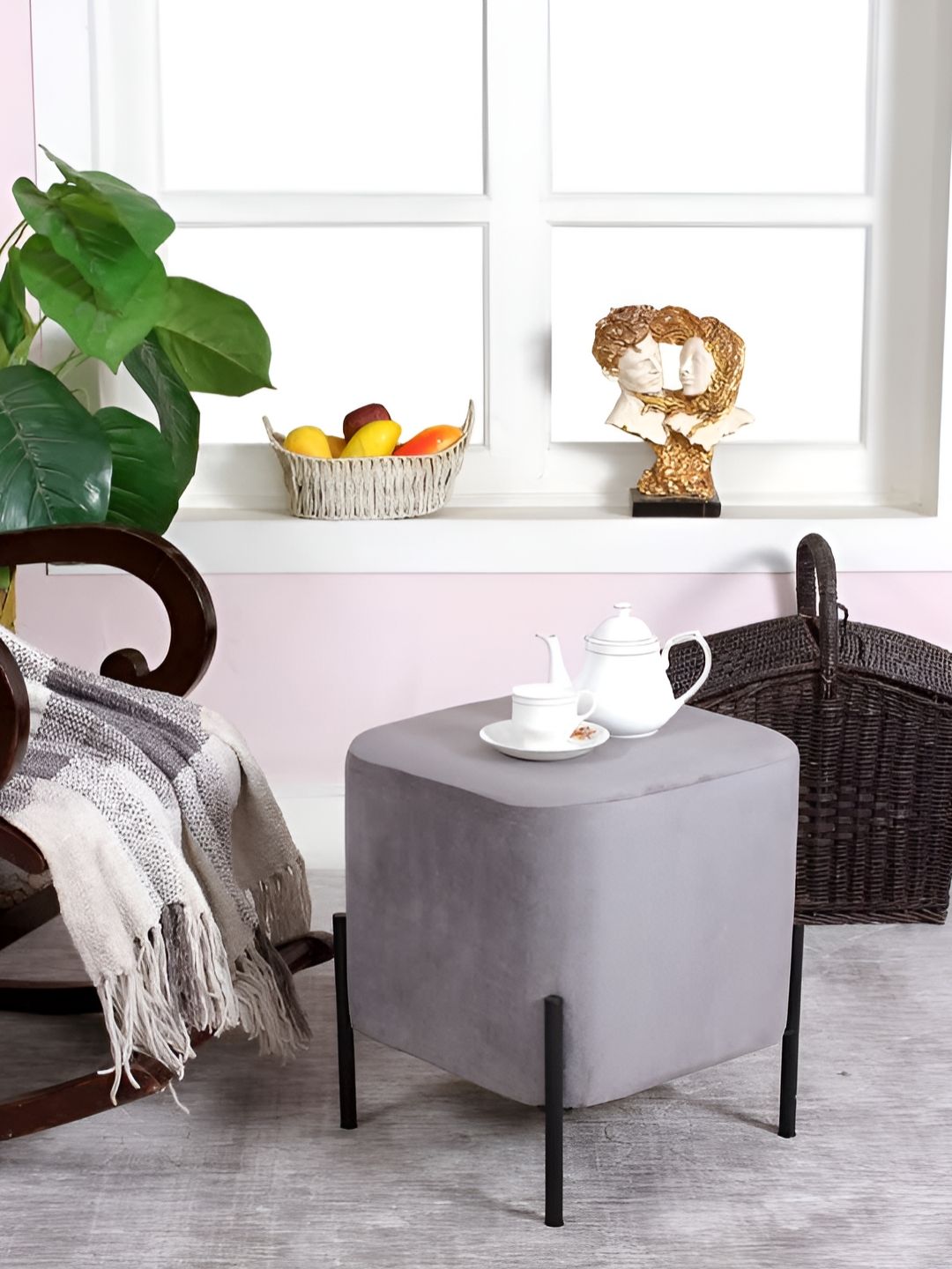 Shadowkart Grey Wooden Square Shaped Pouffe Ottomans-image-46