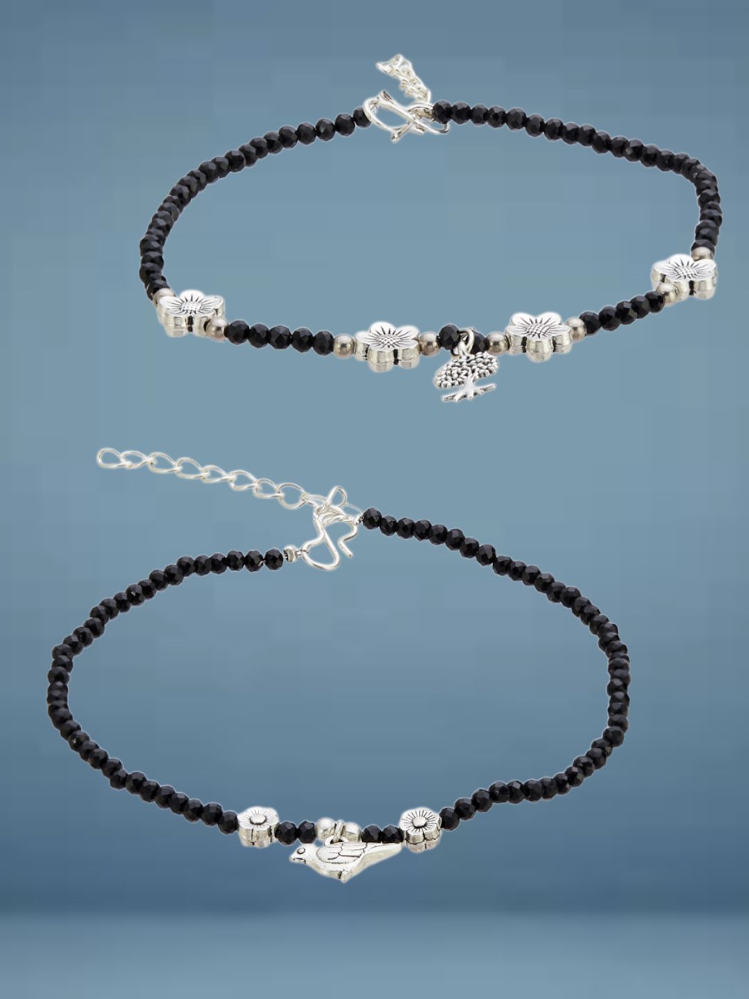 ATIBELLE Set Of 2 Silver-Plated Artificial Beads Anklets
