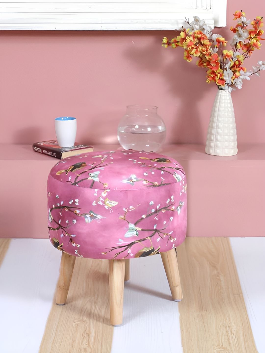 Shadowkart Pink & Brown Printed Wooden Pouffes Sitting Mudda Ottomans-picture-35