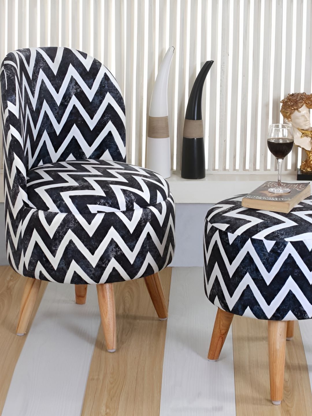Shadowkart 2 Pcs Blue & White Printed Wooden Pouffe Ottoman-picture-21