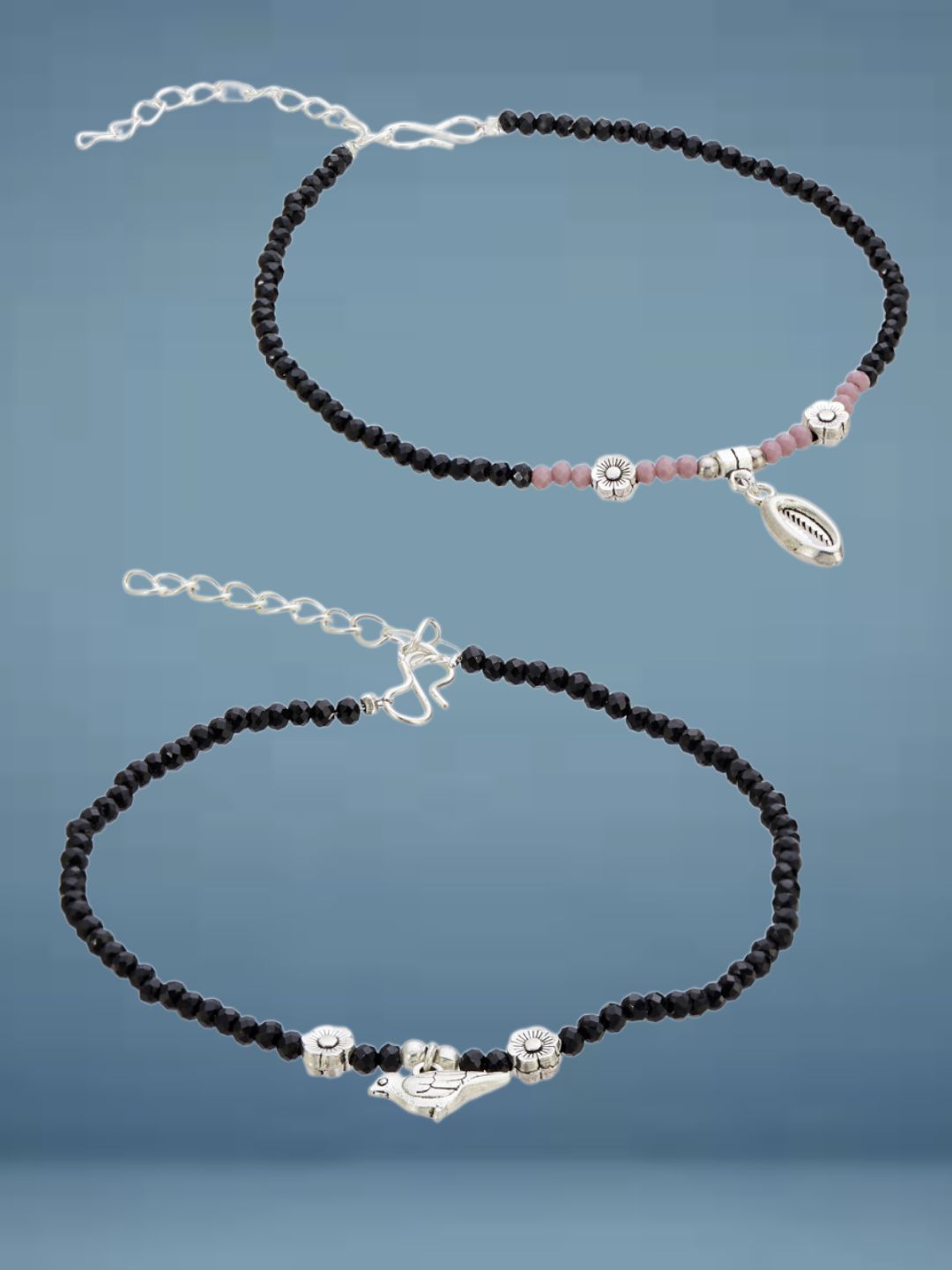 ATIBELLE Set Of 2  Silver-Plated Artificial Beaded Anklet