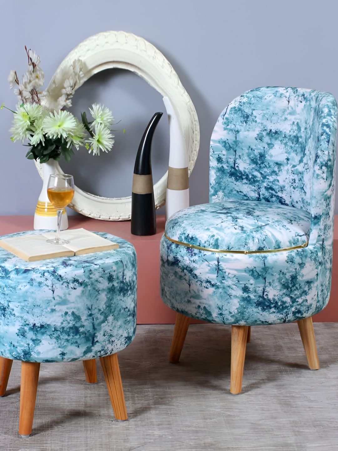 Shadowkart Set Of 2 Sea Green Printed Wooden Pouffes Sitting Ottomans-picture-16