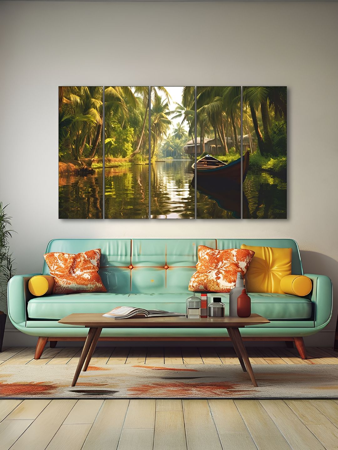 The Castle Decor Green & Orange 5 Piece Wood Floral and Botanical Wall Paintings-picture-33