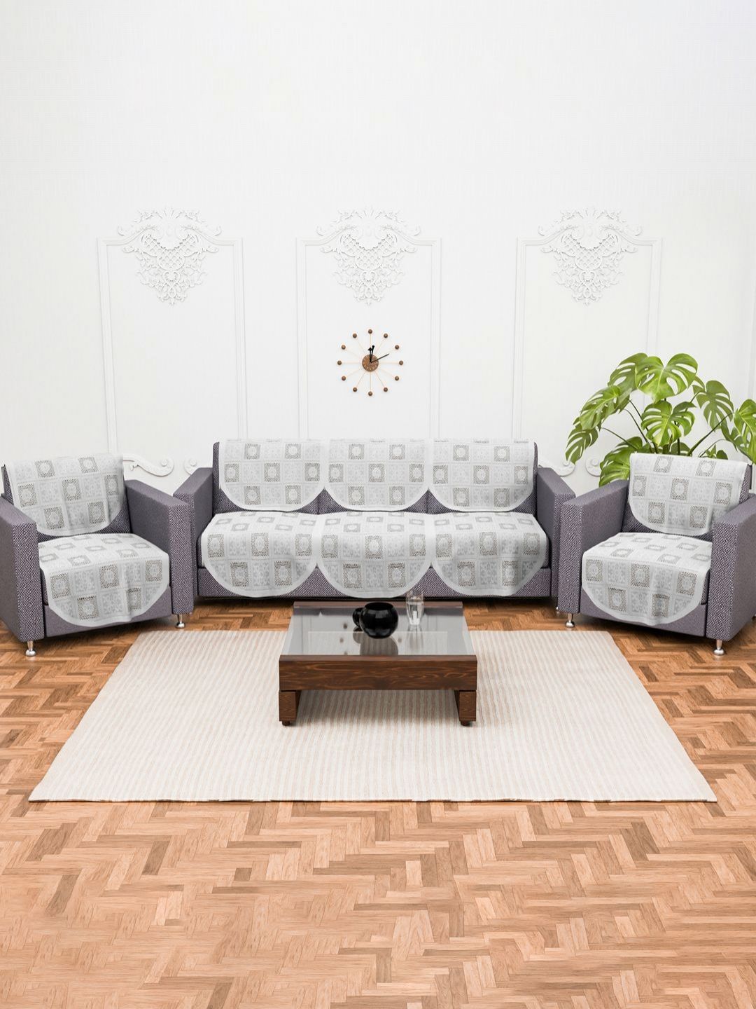 Myntra Elegant Homes White & Grey 10 Pieces 5 Seater Cotton Sofa Cover-picture-10