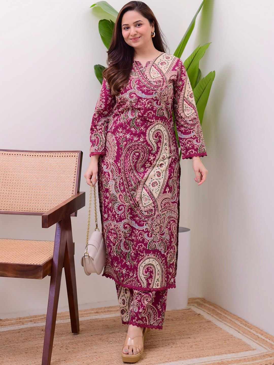 KALINI Paisley Printed Notch Neck Straight Kurta With Palazzos